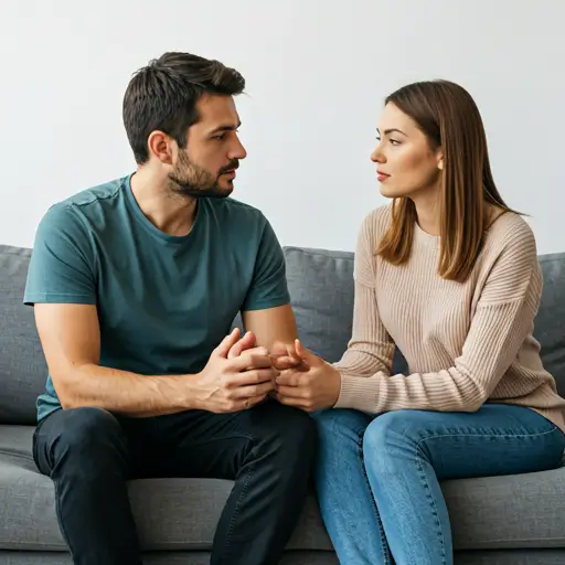Couple sitting closely on a couch discussing their relationship in a calm therapy setting
